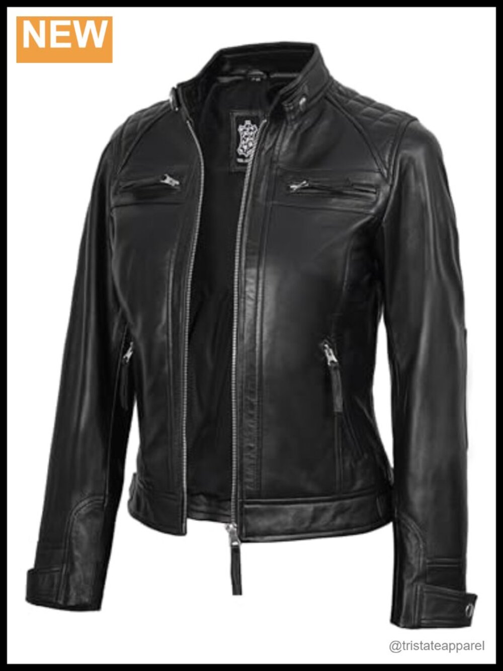 Women's Real Lambskin Leather Cafe Racer Moto Jacket Quilted Zip-Up